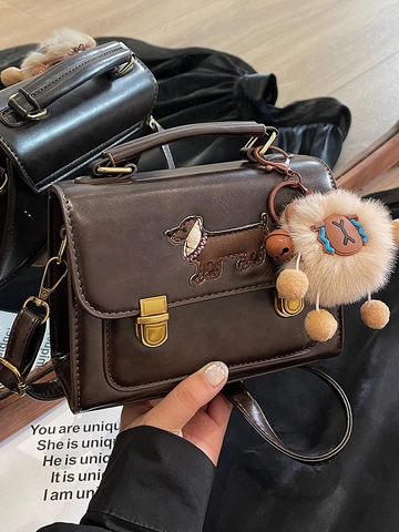 Petit Sac Carré en Cuir PU pour Femmes Vintage Avec Broderie de Teckel Sac à Bandoulière Color Block pour Usage Quotidien