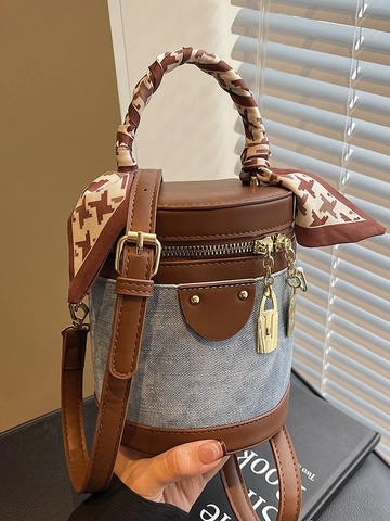 Damen Vintage Kontrastfarbe Zylindertasche Eimertasche PU Patchwork Handtasche Mit Schal Umwickeltem Griff Goldener Schloss-Anhänger