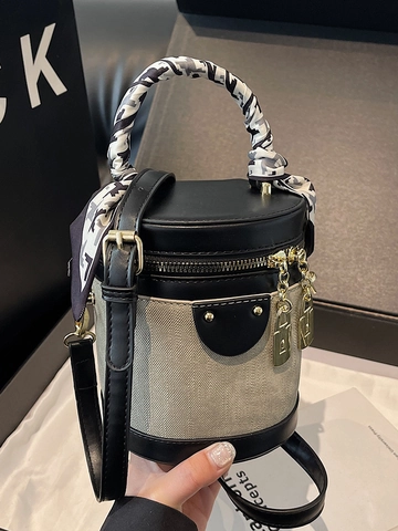 Damen Vintage Kontrastfarbe Zylindertasche Eimertasche PU Patchwork Handtasche Mit Schal Umwickeltem Griff Goldener Schloss-Anhänger