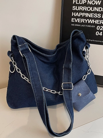 Damen Vintage Denim Tragetasche Große Kapazität Hobo Umhängetasche Mit Silberner Kette Washed Casual Schultertasche Student Schultasche