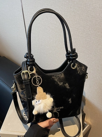 Korean Fashion PU Leather Bucket Bag For Women Marble Print Crossbody Bag Minimalist Commuter Handbag With Plush Charm