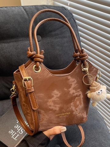 Korean Fashion PU Leather Bucket Bag For Women Marble Print Crossbody Bag Minimalist Commuter Handbag With Plush Charm