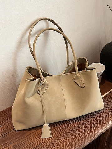 Large Matte PU Suede Tote Bag For Women Urban Minimalist Commuter Shoulder Bag High Capacity Vintage Solid Color Handbag