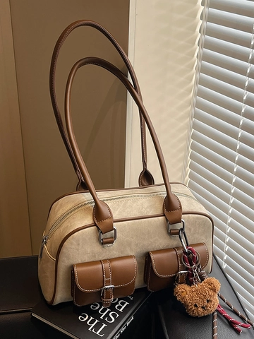 Bolso Boston Vintage para Mujer Color de Contraste Multi-bolsillo de Cuero PU Bolso de Hombro Casual con Colgante de Oso