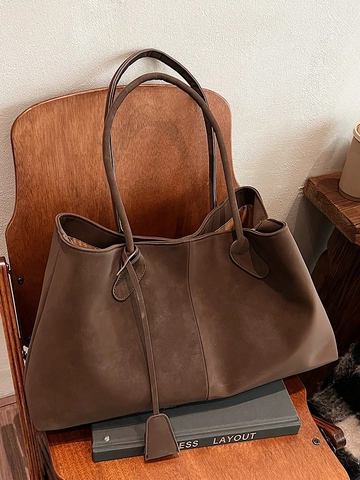 Large Matte PU Suede Tote Bag For Women Urban Minimalist Commuter Shoulder Bag High Capacity Vintage Solid Color Handbag