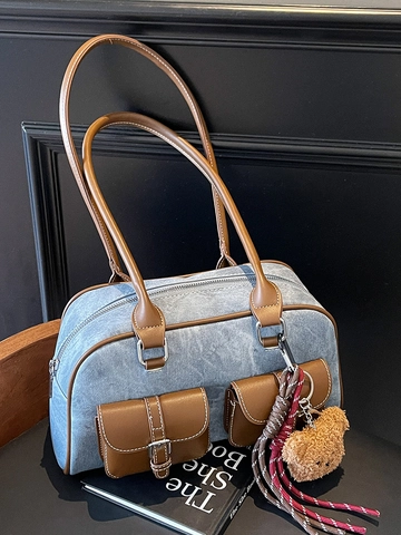 Bolso Boston Vintage para Mujer Color de Contraste Multi-bolsillo de Cuero PU Bolso de Hombro Casual con Colgante de Oso