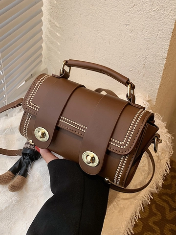 Bolso Bandolera de Cuero PU Retro para Mujer Bolso Cuadrado Pequeño Con Cierre Remaches Correa Ajustable Bolso Informal Diario