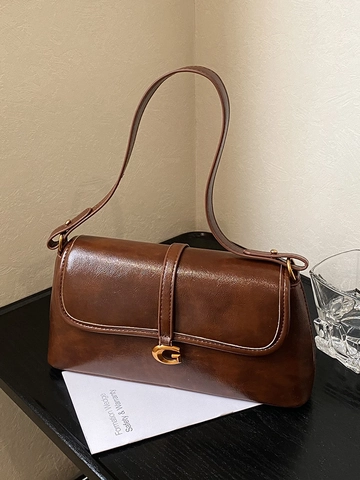 Bolso de Hombro de Cuero PU Vintage para Mujer Bolso de Solapa de Axila con Hebilla de Metal Dorado Color Sólido Moda Cuadrado