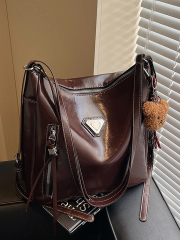 Borsa Tote da Donna in Pelle PU di Grande Capacità con Cuciture a Contrasto Borsa a Tracolla Minimalista Urbana per il Pendolarismo