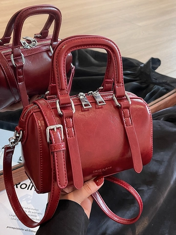 Modieuze Glanzende PU Leren Boston Tas voor Dames Minimalistische Kleine Cilindrische Crossbodytas met Schouderband Retro Handtas
