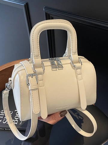 Modieuze Glanzende PU Leren Boston Tas voor Dames Minimalistische Kleine Cilindrische Crossbodytas met Schouderband Retro Handtas