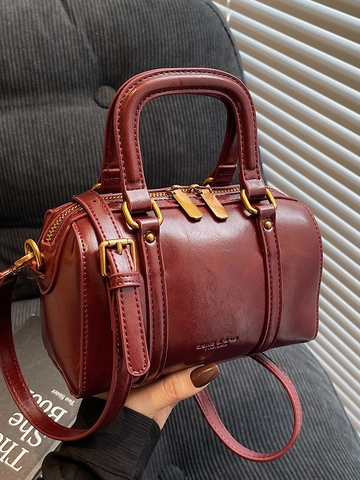 Vintage Boston Bag For Women PU Leather Crossbody Bag Small Handbag With Removable Strap Elegant Tote Purse Retro Barrel Bag