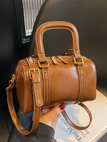 Vintage Boston Bag For Women PU Leather Crossbody Bag Small Handbag With Removable Strap Elegant Tote Purse Retro Barrel Bag