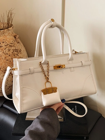 British Retro PU Leather Handbag For Women High Quality Turn Lock Tote Bag Crossbody Satchel With Mini Pouch Charm Lady Office Purse