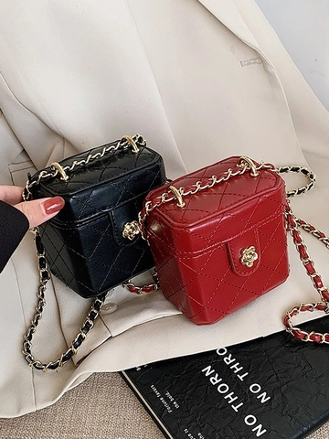 Mini PU Leder Gesteppte Box-Tasche Mit Metall Blumenschloss Kettenriemen Mode Umhängetasche Für Damen Kinder Accessoires