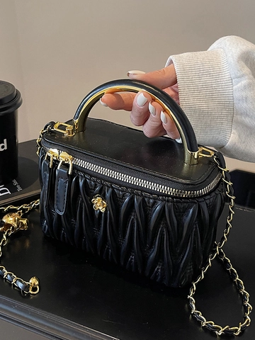 Borsa a Tracolla alla Moda Pieghettata Matelassé per Donna Borsa Box in Pelle PU con Manico in Metallo Oro e Tracolla a Catena Mini Borsa a Mano