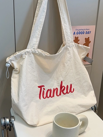Τσάντα Tote από Νάιλον Μεγάλης Χωρητικότητας για Γυναίκες Casual Ελαφριά Τσάντα Ώμου με Κορδόνι Εκτύπωση Γραμμάτων Μόδα