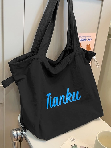 Large Capacity Nylon Tote Bag For Women Casual Lightweight Shoulder Bag Drawstring Side Printed Graphic Letter Fashion Handbag