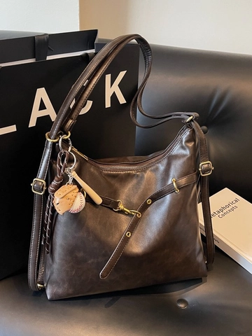 Retro PU Leather Large Capacity Tote Bag For Women Urban Commute Shoulder Bag With Baseball Charm Solid Color Daily Handbag