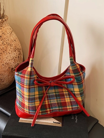 Γυναικεία Vintage Καρό Τσάντα Μασχάλης με Φιόγκο Preppy Style Καρό Τσάντα Ώμου με Δερμάτινη Επένδυση PU Μεγάλη Χωρητικότητα Καθημερινή