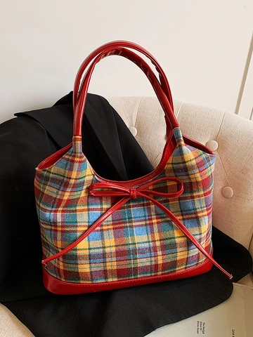 Γυναικεία Vintage Καρό Τσάντα Μασχάλης με Φιόγκο Preppy Style Καρό Τσάντα Ώμου με Δερμάτινη Επένδυση PU Μεγάλη Χωρητικότητα Καθημερινή