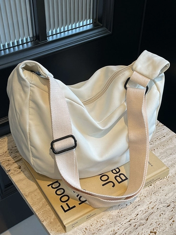 Women Canvas Crossbody Bag Large Capacity Solid Color Half Moon Tote Bag Adjustable Wide Strap Casual Urban Style Bag