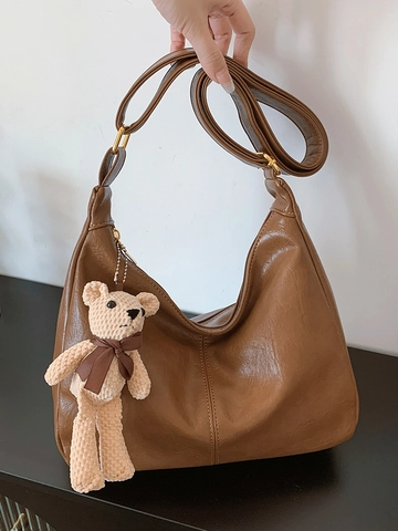 Retro Weiches PU Leder Tote Bag Große Kapazität Minimalistisch Schulter Umhängetasche Für Damen Alltag Arbeit Mit Bärenanhänger
