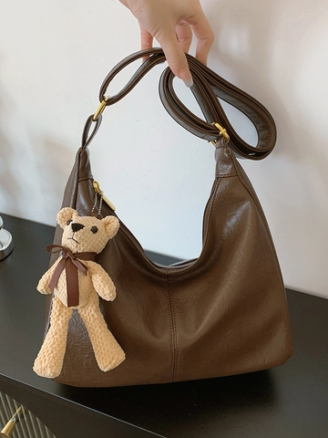 Retro Weiches PU Leder Tote Bag Große Kapazität Minimalistisch Schulter Umhängetasche Für Damen Alltag Arbeit Mit Bärenanhänger