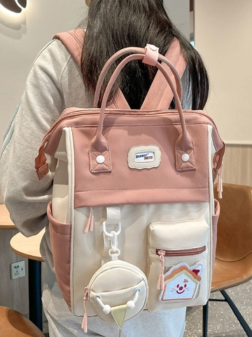 Fashion Contrast Color Waterproof Nylon Women's Backpack Large Capacity Laptop Bag School Travel Backpack With Mini Pouch