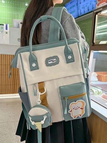 Fashion Contrast Color Waterproof Nylon Women's Backpack Large Capacity Laptop Bag School Travel Backpack With Mini Pouch