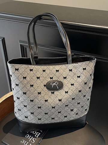 Damen Große Kapazität Schleife Druck Gesteppte Tote Bag Koreanischer Stil PU Leder Stitching Umhängetasche Pendeln Rucksack Handtasche