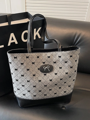 Damen Große Kapazität Schleife Druck Gesteppte Tote Bag Koreanischer Stil PU Leder Stitching Umhängetasche Pendeln Rucksack Handtasche
