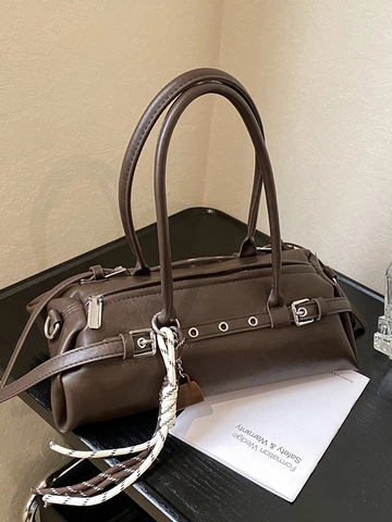 Damen Retro Biker Baguette Tasche PU Leder Umhängetasche Mit Metallschnallen Ösen Geflochtener Riemen Mode Tasche