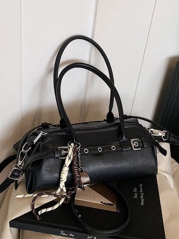Damen Retro Biker Baguette Tasche PU Leder Umhängetasche Mit Metallschnallen Ösen Geflochtener Riemen Mode Tasche