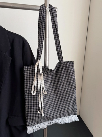 Borsa Tote in Tela Vintage a Quadri Neri e Bianchi per Donna Con Bordi in Pizzo Bianco e Fiocco Grande Capacità Borsa a Spalla