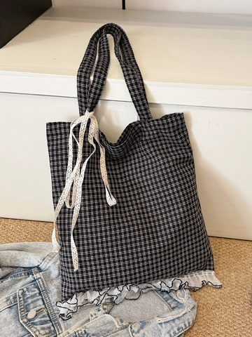 Borsa Tote in Tela Vintage a Quadri Neri e Bianchi per Donna Con Bordi in Pizzo Bianco e Fiocco Grande Capacità Borsa a Spalla