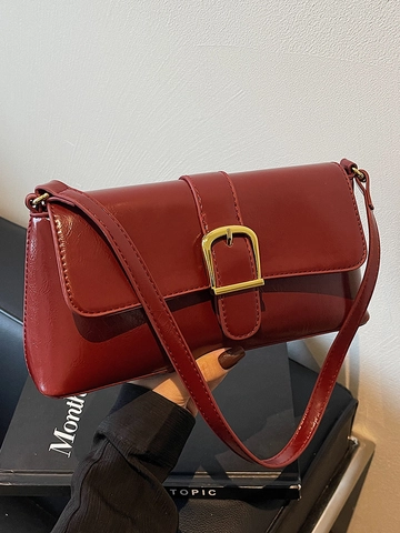 Bolso de Axila de Cuero PU Retro Francés para Mujer Bolso de Hombro de Lujo Moda Bolso Baguette Color Sólido con Hebilla