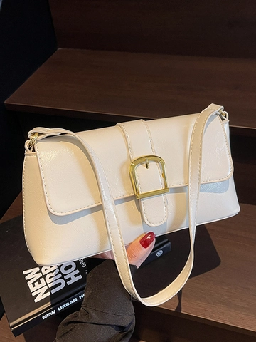 Bolso de Axila de Cuero PU Retro Francés para Mujer Bolso de Hombro de Lujo Moda Bolso Baguette Color Sólido con Hebilla