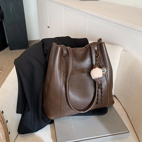 Vintage Τσάντα Tote από Δέρμα PU για Γυναίκες Μεγάλη Τσάντα Πουγκί Με Ραφές και Γούρι Παγωτό