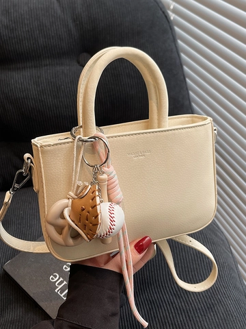 Borsa Piccola Quadrata da Donna in Pelle PU Minimalista Con Ciondolo da Baseball Sportivo Borsa a Mano Tracolla Tinta Unita