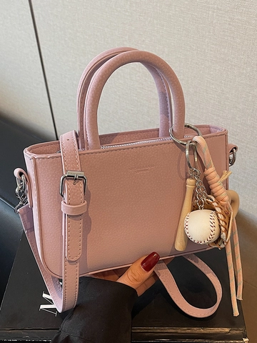 Borsa Piccola Quadrata da Donna in Pelle PU Minimalista Con Ciondolo da Baseball Sportivo Borsa a Mano Tracolla Tinta Unita