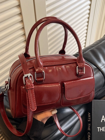 Retro Oil Wax PU Leather Boston Bag For Women Elegant Double Pocket Handbag With Detachable Shoulder Strap Crossbody Bag