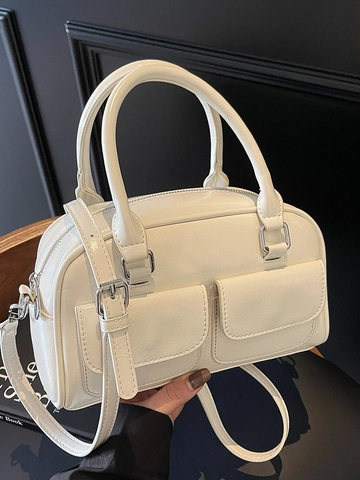 Retro Oil Wax PU Leather Boston Bag For Women Elegant Double Pocket Handbag With Detachable Shoulder Strap Crossbody Bag