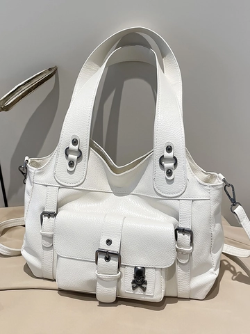 Y2K Punk Stil Damen PU Leder Tote Bag Große Kapazität Umhängetasche Mit Totenkopf Metallschnalle Dekoration Moto Mode Handtasche