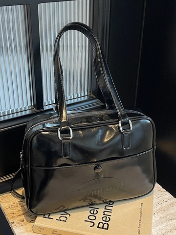 Vintage PU Leather Underarm Bag For Women Large Capacity Shoulder Bag With Letter Embossing Trendy Solid Color Chic Handbag