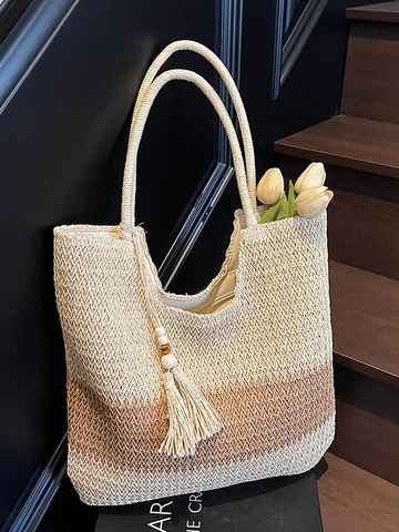 Women Straw Woven Tote Bag Gradient Color Block Large Capacity Beach Vacation Shoulder Bag With Tassel Wood Beads Summer Handbag
