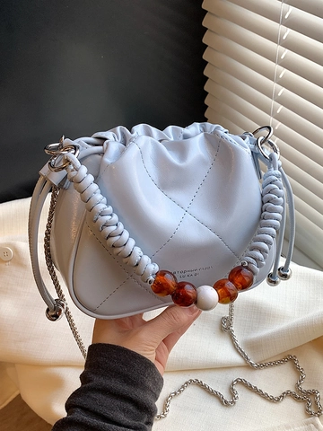 Korean PU Leather Pleated Bucket Bag With Beaded Braided Handle Metal Chain Strap Drawstring Lattice Crossbody Bag For Women