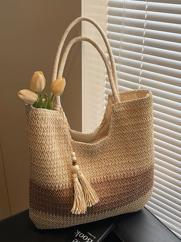 Women Straw Woven Tote Bag Gradient Color Block Large Capacity Beach Vacation Shoulder Bag With Tassel Wood Beads Summer Handbag