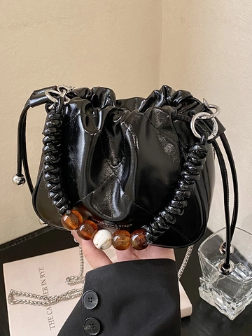 Korean PU Leather Pleated Bucket Bag With Beaded Braided Handle Metal Chain Strap Drawstring Lattice Crossbody Bag For Women