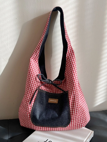 Damen Wendbare Denim Tragetasche Große Kapazität Schachbrett Segeltuch Umhängetasche Casual College Pendler Handtasche Mit Schleife